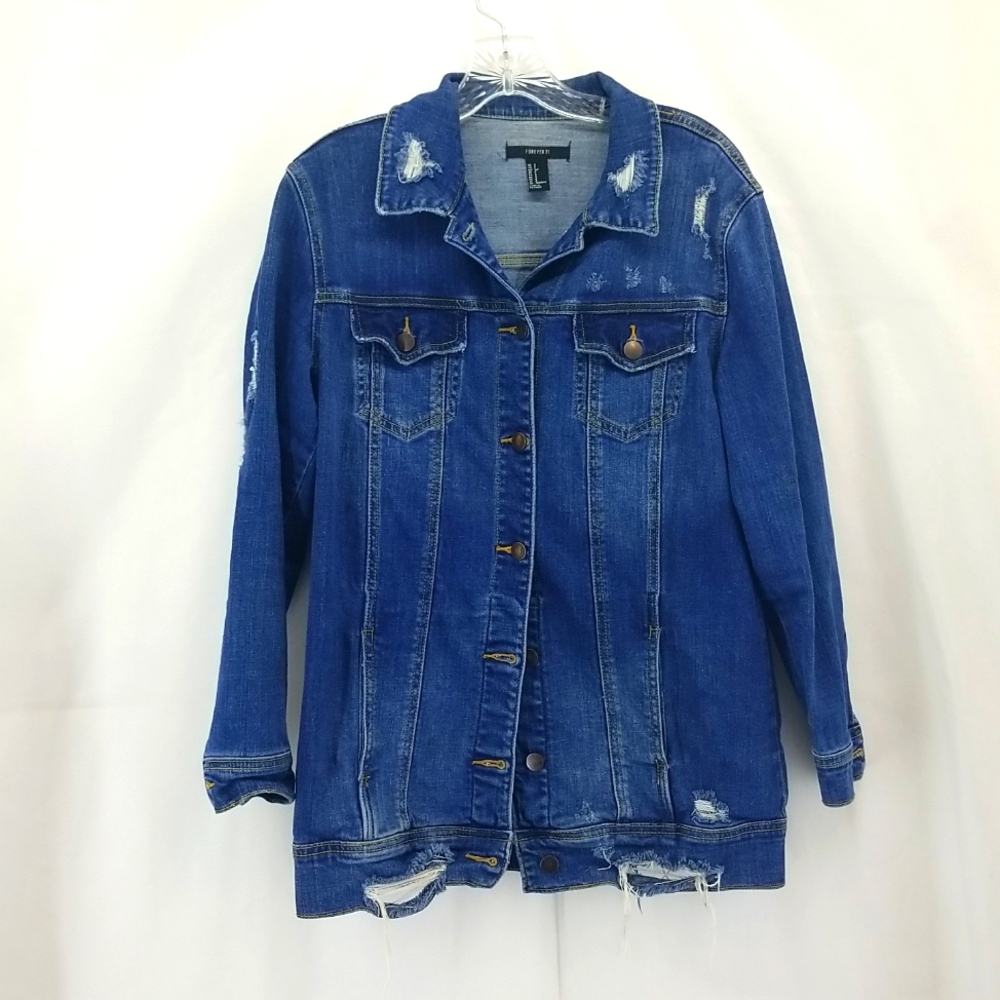FOREVER  21 Six Button Tunic Length Distressed Jean Jacket w/ Hand Pockets